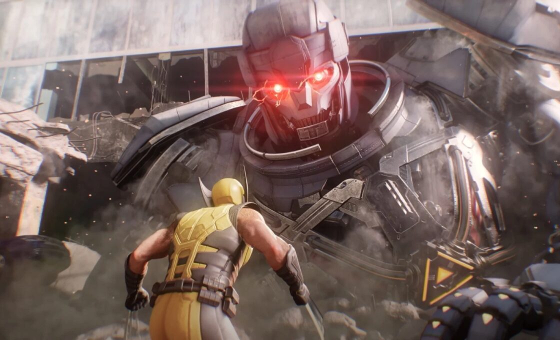 Wolverine stands in front of a towering robot-like enemy