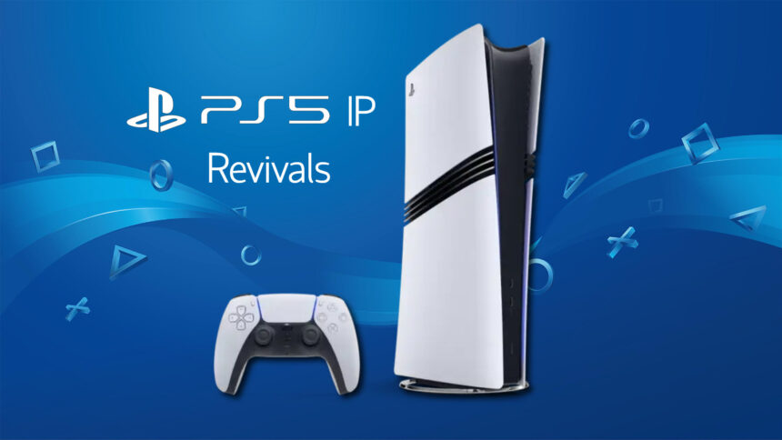 PS5 IP Revivals text with PlayStation 5 on PlayStation-themed background