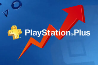 PlayStation Plus logo with a red arrow pointing upwards