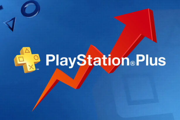 PlayStation Plus logo with a red arrow pointing upwards