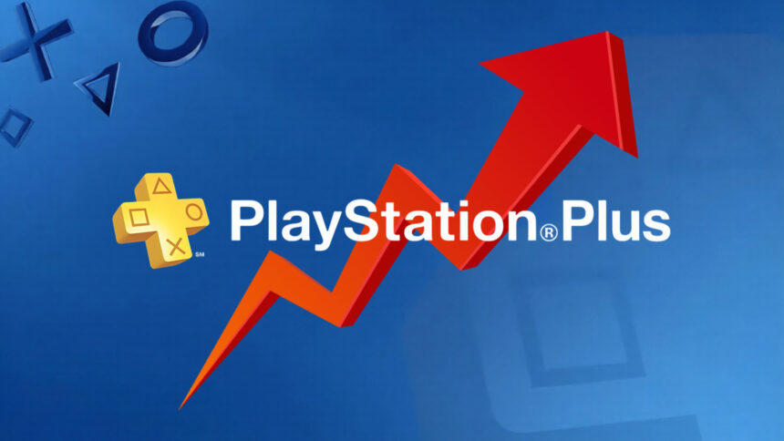 PlayStation Plus logo with a red arrow pointing upwards