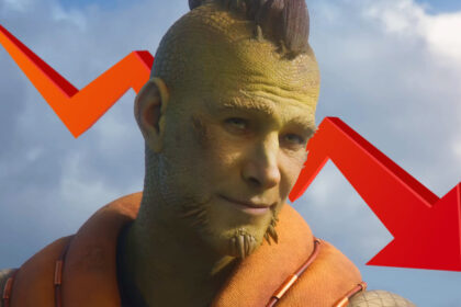 A character from Concord with a downward-facing red arrow in the background
