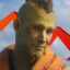 A character from Concord with a downward-facing red arrow in the background