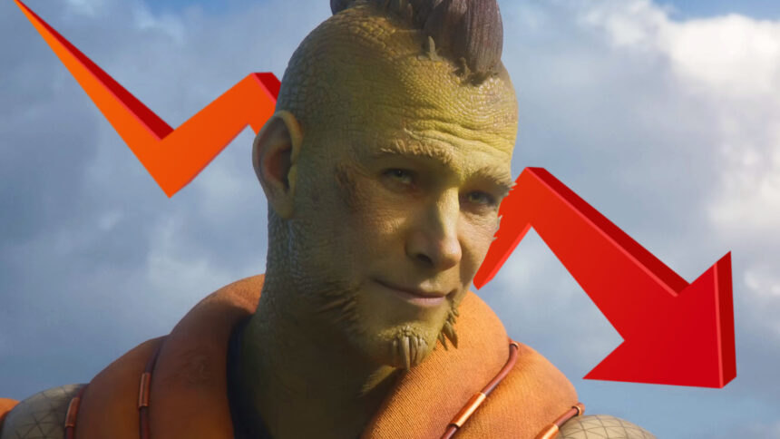 A character from Concord with a downward-facing red arrow in the background